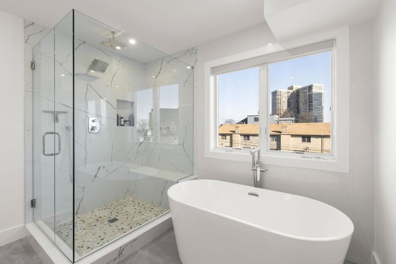 Bathroom, Free Standing Baths, Glass Shower, Interior, Marble Walls, Recessed Lighting
