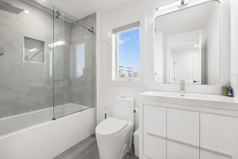 Bathroom, Glass Shower, Interior, Recessed Lighting, Wood Texture Flooring