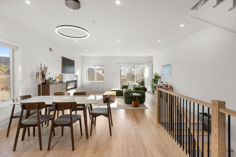 Dining room, Interior, Living room, Pendant Lights, Recessed Lighting, Wood Texture Flooring