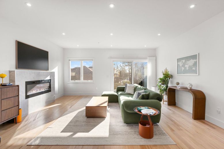 Fireplace, Interior, Living room, Recessed Lighting, Wood Texture Flooring
