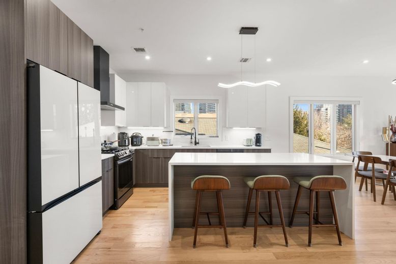 Interior, Kitchen, Pendant Lights, Recessed Lighting, Stainless Steel Appliances, Wood Texture Flooring