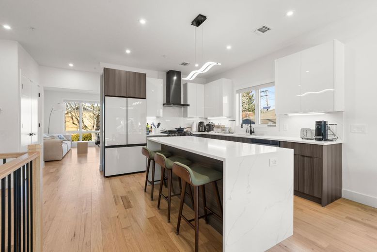 Interior, Kitchen, Pendant Lights, Recessed Lighting, Stainless Steel Appliances, Wood Texture Flooring