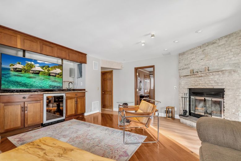 Fireplace, Interior, Recessed Lighting, Stone Walls, Wood Texture Flooring