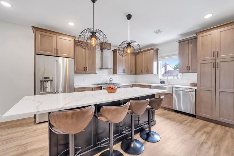 Interior, Kitchen, Pendant Lights, Recessed Lighting, Stainless Steel Appliances, Wood Texture Flooring