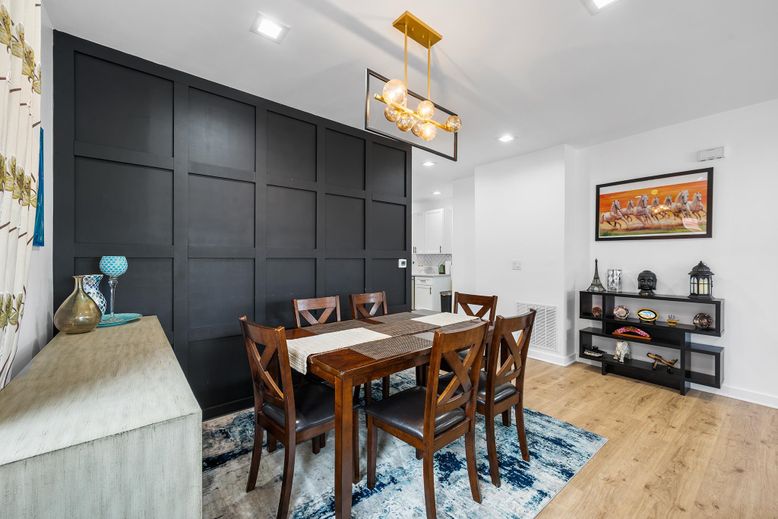 Dining room, Interior, Pendant Lights, Recessed Lighting, Wood Texture Flooring