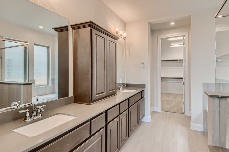 Bathroom, Dual Sink Vanities, Interior, Recessed Lighting, Walk-in Closets, Wood Texture Flooring
