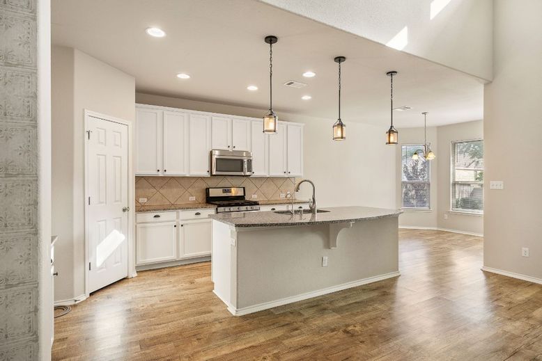 Interior, Kitchen, Pendant Lights, Recessed Lighting, Wood Texture Flooring