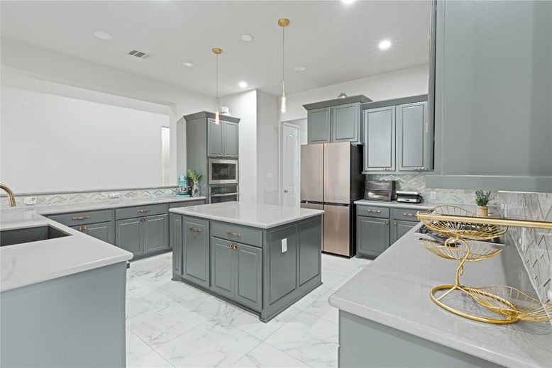 Interior, Kitchen, Marble, Pendant Lights, Recessed Lighting, Stainless Steel Appliances