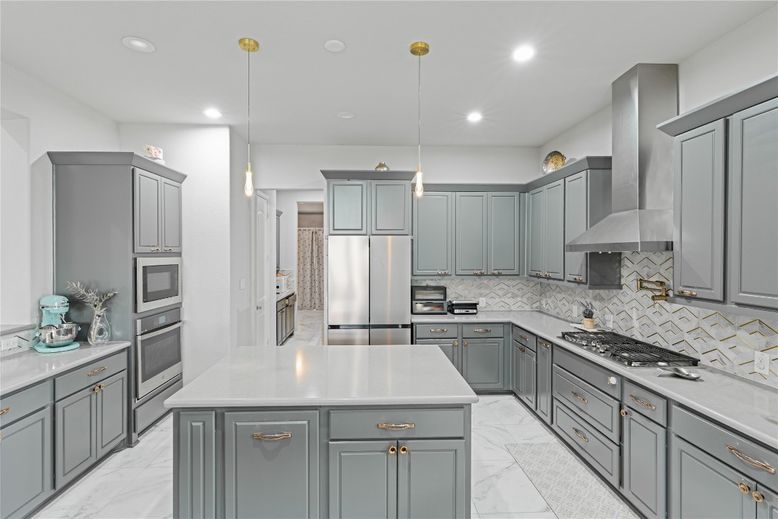Interior, Kitchen, Marble, Pendant Lights, Recessed Lighting, Stainless Steel Appliances