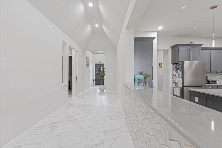 Interior, Kitchen, Marble, Pendant Lights, Recessed Lighting, Stainless Steel Appliances