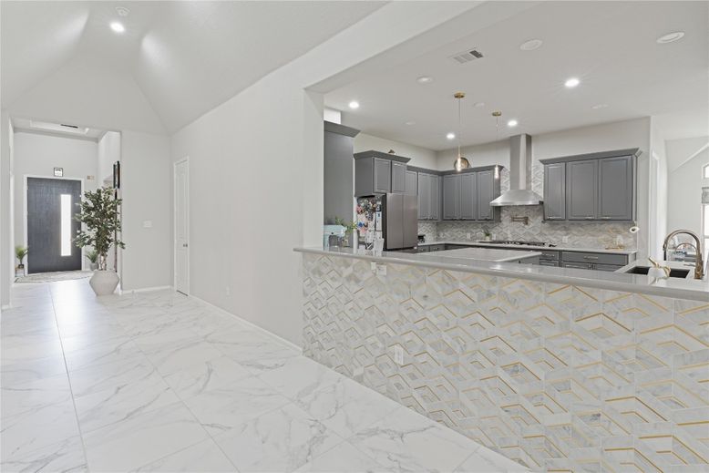 Interior, Kitchen, Marble, Pendant Lights, Recessed Lighting, Stainless Steel Appliances