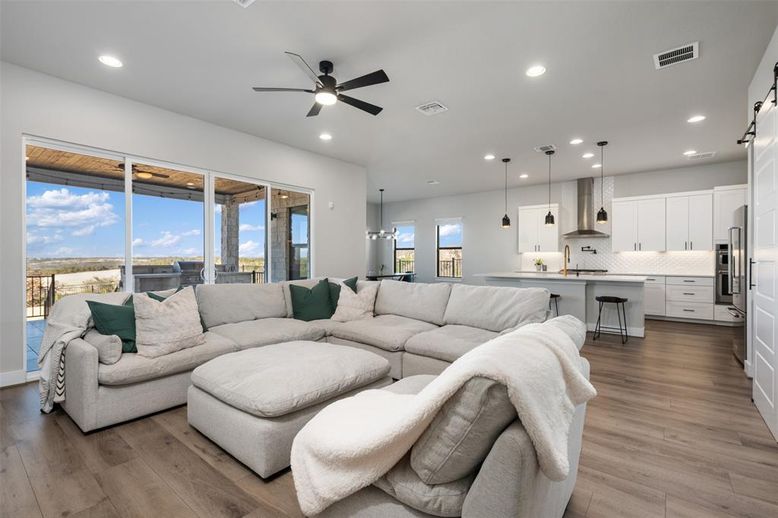 Interior, Kitchen, Living room, Pendant Lights, Recessed Lighting, Stainless Steel Appliances, Wood Texture Flooring