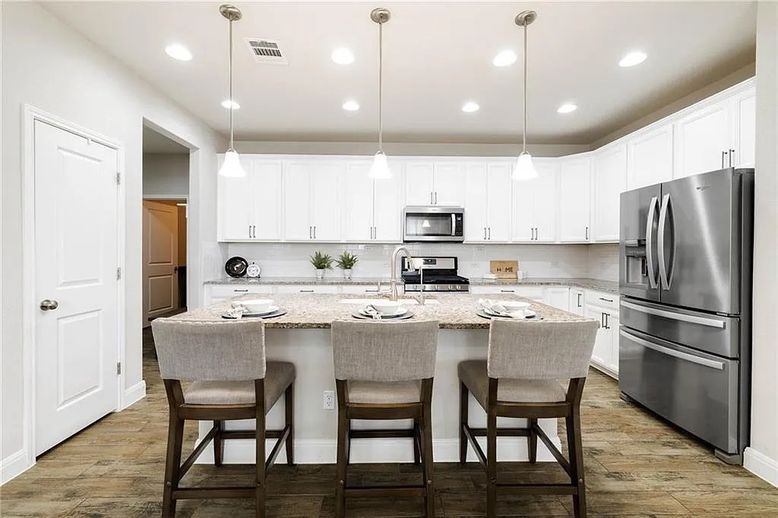 Interior, Kitchen, Pendant Lights, Recessed Lighting, Stainless Steel Appliances, Wood Texture Flooring