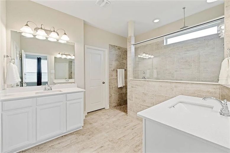 Bathroom, Dual Sink Vanities, Glass Shower, Interior, Recessed Lighting