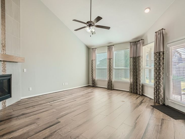 Empty room, Fireplace, Interior, Recessed Lighting, Wood Texture Flooring