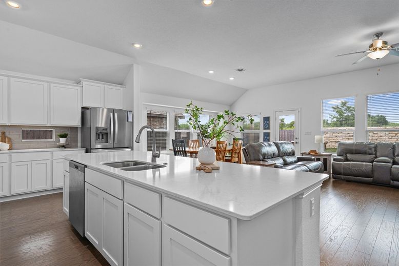 Interior, Kitchen, Living room, Recessed Lighting, Stainless Steel Appliances, Wood Texture Flooring