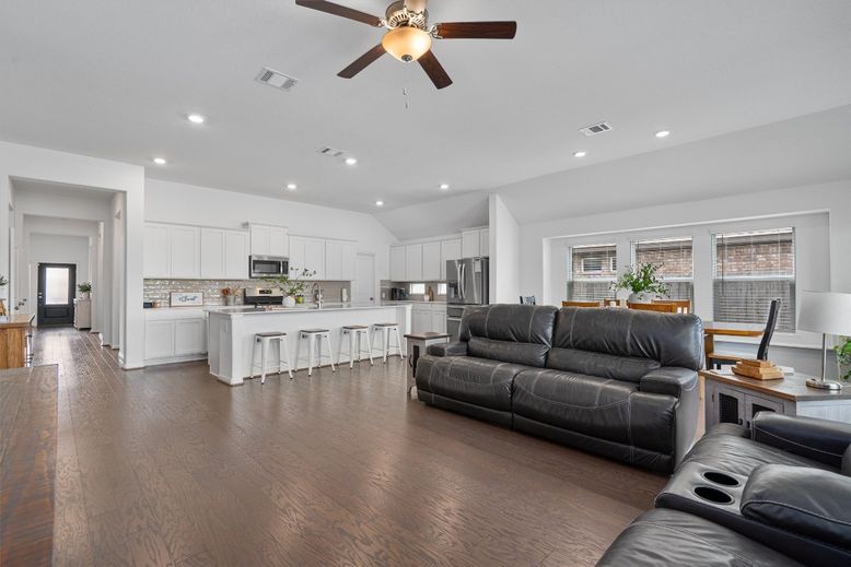 Interior, Kitchen, Living room, Recessed Lighting, Stainless Steel Appliances, Wood Texture Flooring