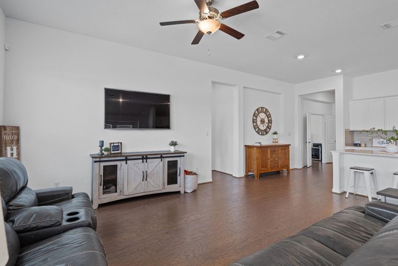 Home Theatre Room, Interior, Kitchen, Living room, Recessed Lighting, Wood Texture Flooring