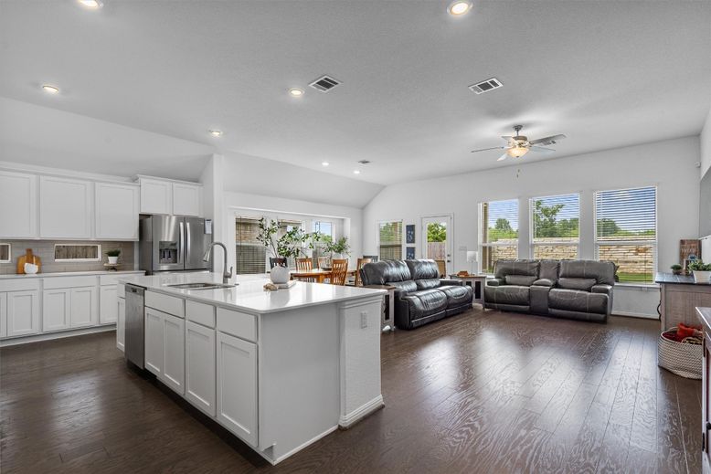 Interior, Kitchen, Living room, Recessed Lighting, Stainless Steel Appliances, Wood Texture Flooring