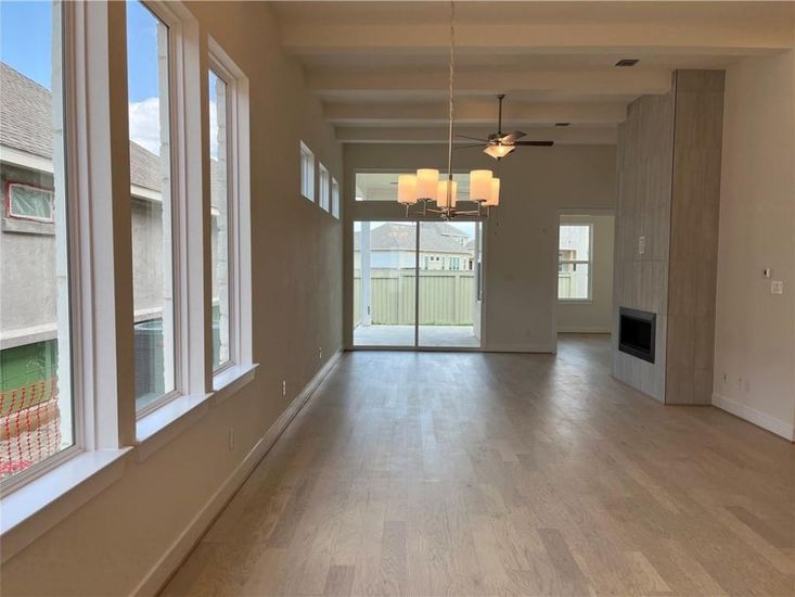 Chandelier, Empty room, Fireplace, Interior, Wood Texture Flooring