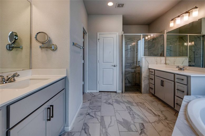 Bathroom, Dual Sink Vanities, Glass Shower, Interior, Marble, Recessed Lighting