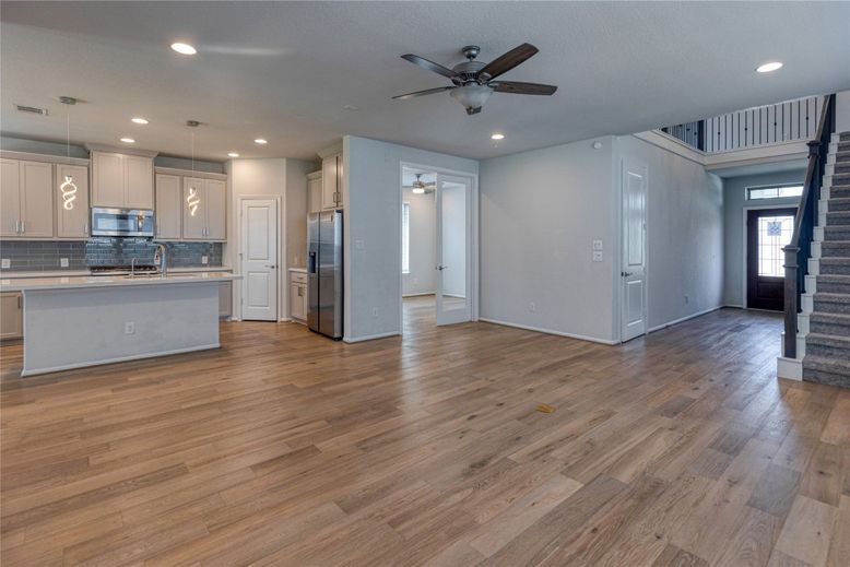 Empty room, Interior, Kitchen, Pendant Lights, Recessed Lighting, Wood Texture Flooring