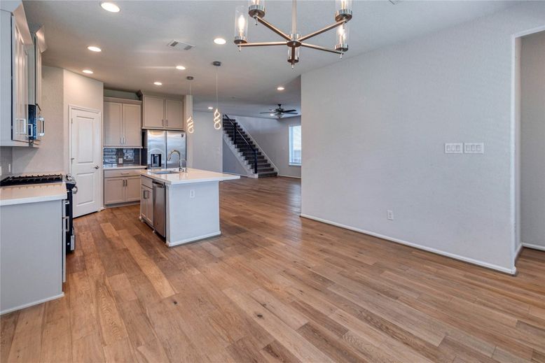 Interior, Kitchen, Pendant Lights, Recessed Lighting, Wood Texture Flooring
