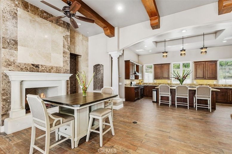 Dining room, Fireplace, Interior, Kitchen, Pendant Lights, Recessed Lighting, Stone Walls, Wooden Beams, Wood Texture Flooring