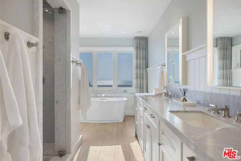 Bathroom, Dual Sink Vanities, Free Standing Baths, Interior, Recessed Lighting, Wood Texture Flooring