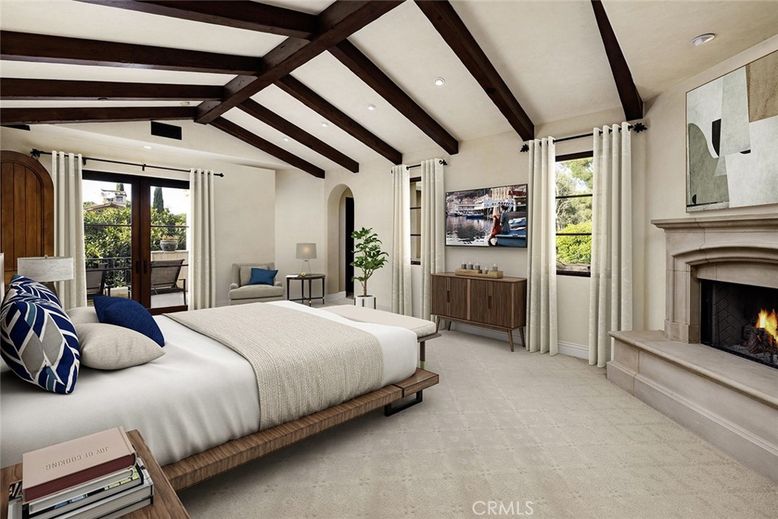 Bedroom, Fireplace, Interior, Recessed Lighting, Wooden Beams