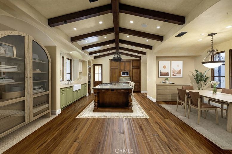 Dining room, Interior, Kitchen, Pendant Lights, Recessed Lighting, Wooden Beams, Wood Texture Flooring