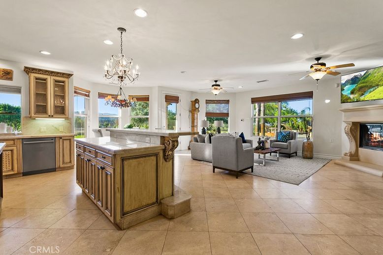 Chandelier, Fireplace, Interior, Kitchen, Living room, Recessed Lighting