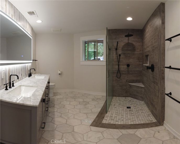 Bathroom, Dual Sink Vanities, Glass Shower, Interior, Recessed Lighting