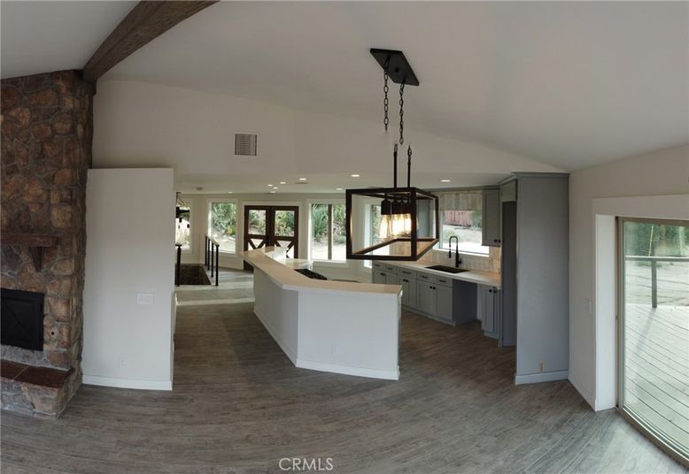 Fireplace, Interior, Kitchen, Pendant Lights, Recessed Lighting, Wooden Beams, Wood Texture Flooring