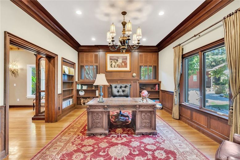 Chandelier, Home Office, Interior, Recessed Lighting, Wood Texture Flooring, Wooden Walls