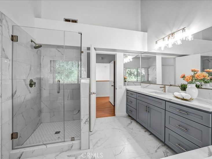 Bathroom, Dual Sink Vanities, Glass Shower, Interior, Marble, Marble Walls
