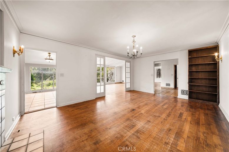 Chandelier, Empty room, Fireplace, Interior, Wood Texture Flooring