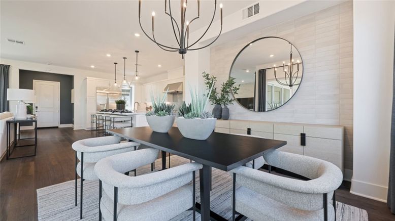Chandelier, Dining room, Interior, Kitchen, Pendant Lights, Recessed Lighting, Wood Texture Flooring
