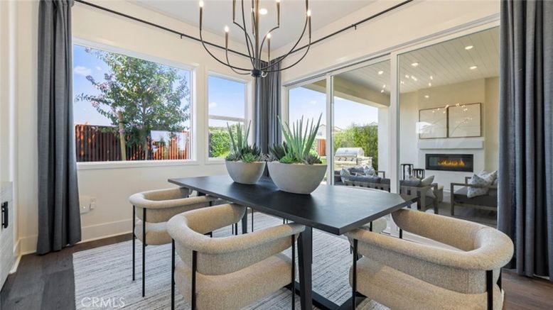 Chandelier, Dining room, Fireplace, Interior, Living room, Recessed Lighting, Wood Texture Flooring