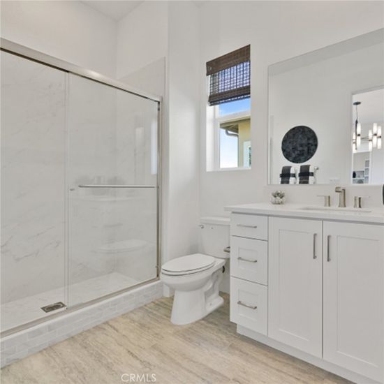 Bathroom, Glass Shower, Interior, Marble Walls, Pendant Lights, Wood Texture Flooring