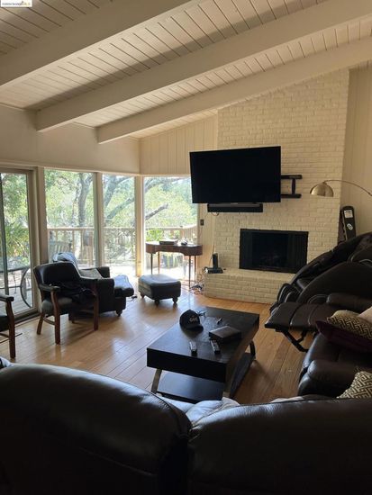 Fireplace, Interior, Living room, Stone Walls, Wood Texture Flooring