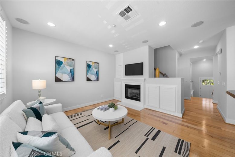 Fireplace, Interior, Living room, Recessed Lighting, Wood Texture Flooring