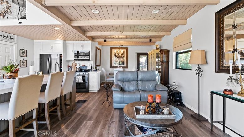 Interior, Kitchen, Living room, Recessed Lighting, Stainless Steel Appliances, Wooden Beams, Wooden Ceilings, Wood Texture Flooring