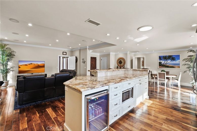 Dining room, Interior, Kitchen, Living room, Recessed Lighting, Wood Texture Flooring