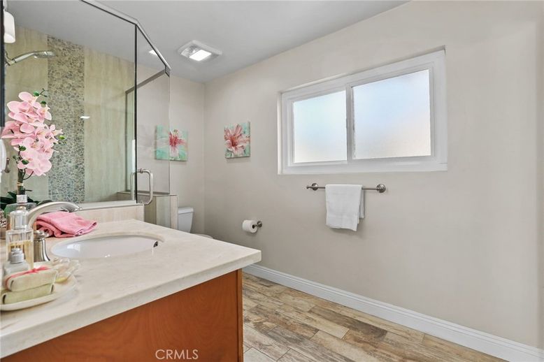 Bathroom, Glass Shower, Interior, Recessed Lighting, Wood Texture Flooring