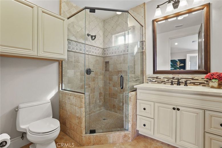 Bathroom, Glass Shower, Interior, Recessed Lighting, Stone Walls