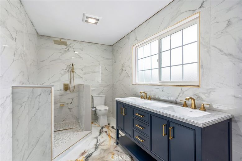 Bathroom, Dual Sink Vanities, Glass Shower, Interior, Marble, Marble Walls