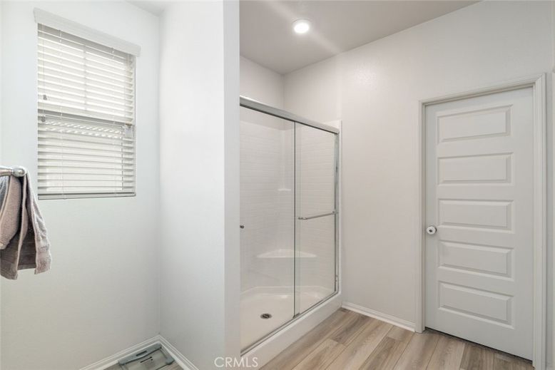 Bathroom, Glass Shower, Interior, Recessed Lighting, Wood Texture Flooring