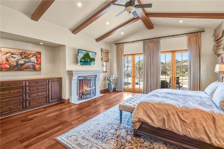 Bedroom, Fireplace, Interior, Recessed Lighting, Wooden Beams, Wood Texture Flooring