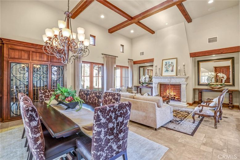 Chandelier, Dining room, Fireplace, Interior, Living room, Recessed Lighting, Wooden Beams